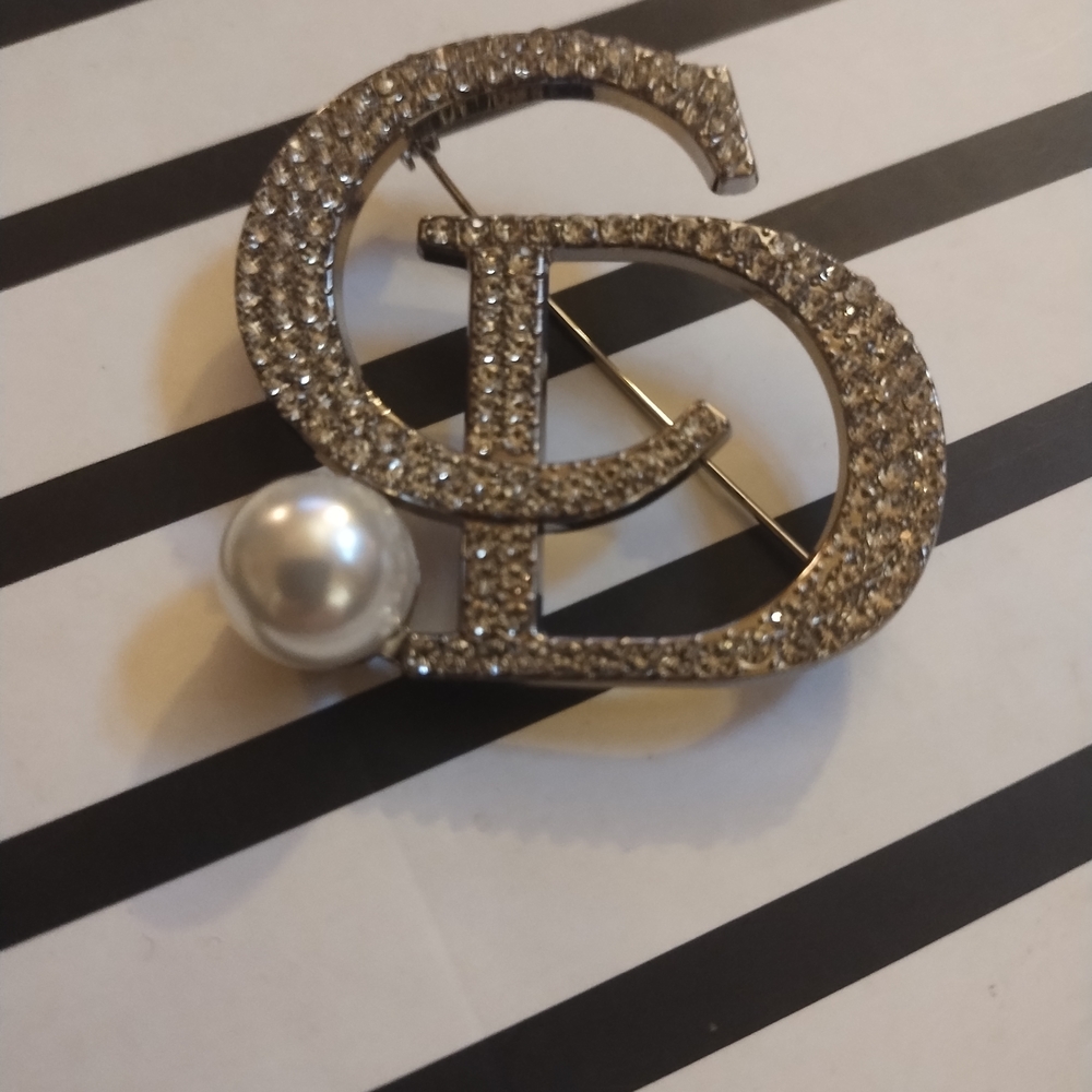Rhinestone-Embellished Letter Brooch with Pearl Accent - CD